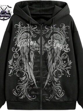 Gothic Graphic Zip Up Hoodie with Rhinestones, Loose Fit, 100% Polyester